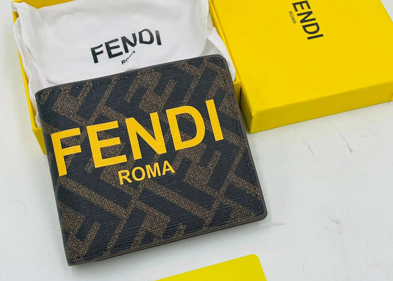 Fendi Roma Luxury Men's Designer Wallet - Brown/Yellow Monogram with Gift Box and Authenticity Card