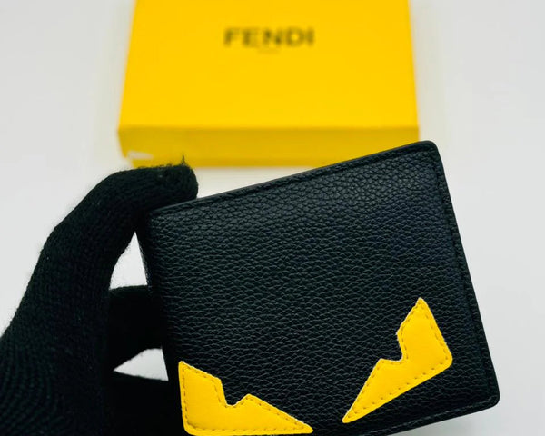 Fendi Roma Black Leather Wallet with Yellow Eye Detail – Luxury Designer Accessory with Gift Box