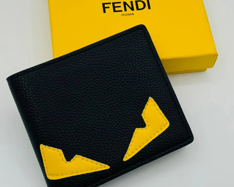 Fendi Roma Black Leather Wallet with Yellow Eye Detail – Luxury Designer Accessory with Gift Box